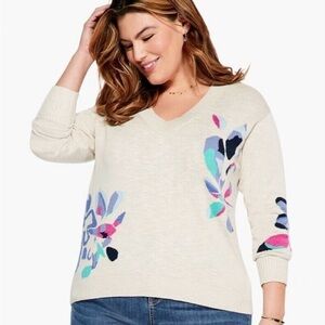 NIC+ZOE Blooming Short Cream V-Neck Sweater NWT Colorful Floral Accents Sz L